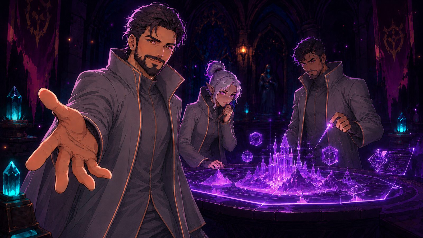 A party of developers welcoming you to a glowing holographic planning table